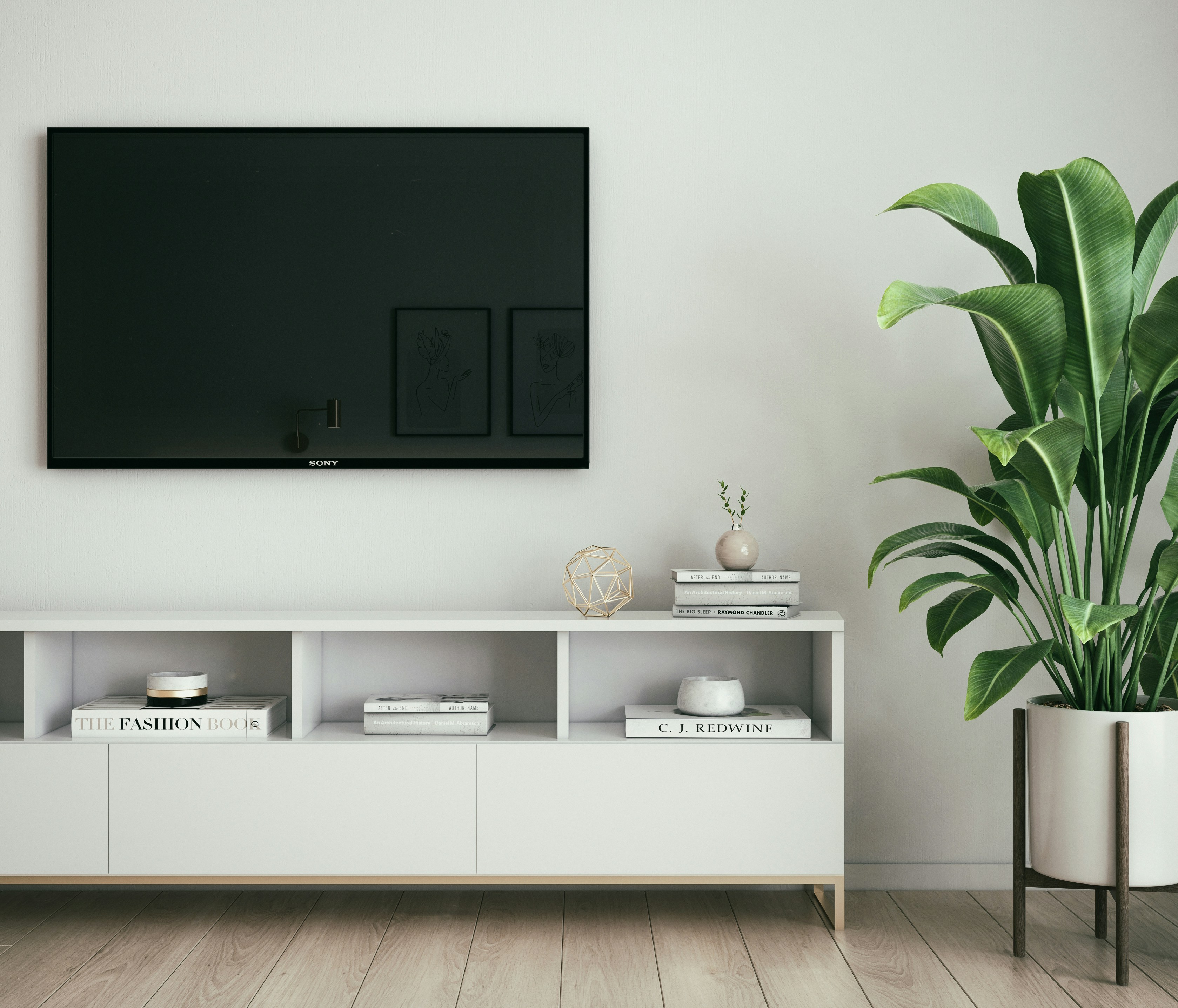Sleek living room with wall mounted smart TV and no visible wires